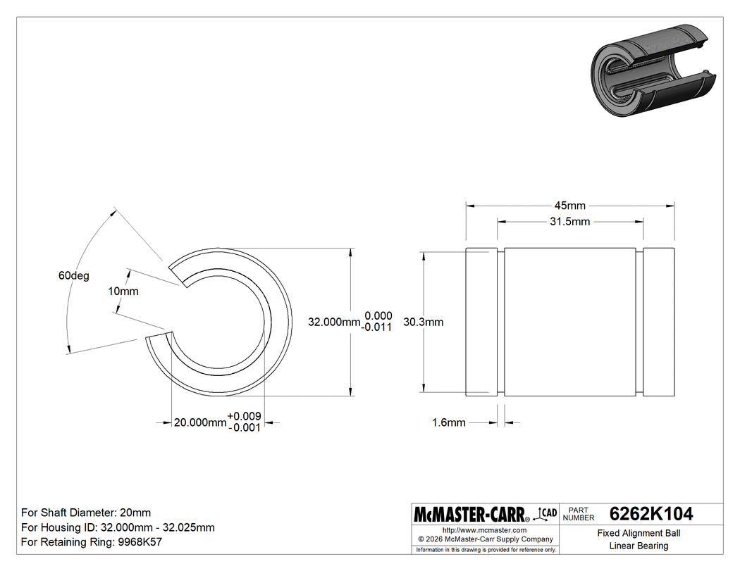 Technical Drawing of Fixed Alignment Ball Linear Bearing, for Support Rail Shafts, 440C Stainless Steel, for 20mm Shaft Diameter.
